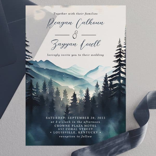 Wedding Invitation With Watercolor Painting Of Mountains And Pine Trees.