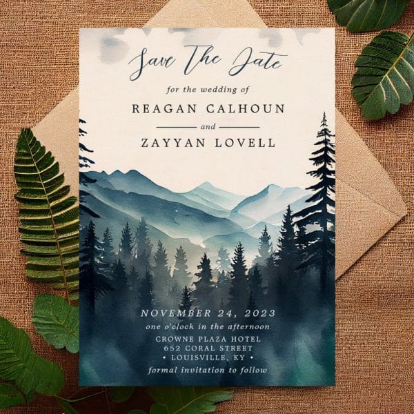 Save The Date For The Wedding Of Reagan Calhoun And Zayyan Lovell, Featuring A Watercolor Painting Of Mountains And Trees.