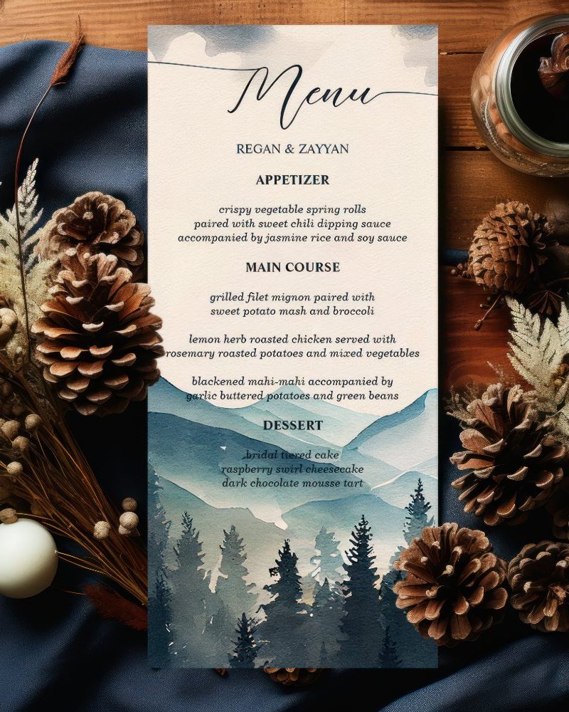 Watercolor Pine Tree Mountain Wedding Menu