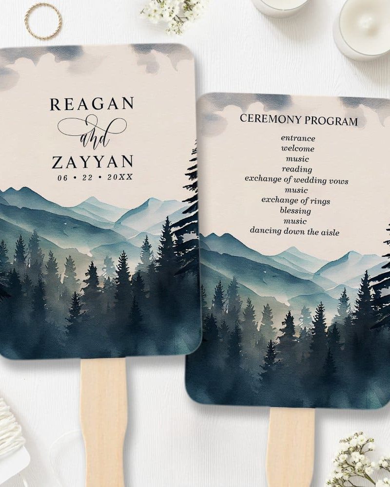 Watercolor Pine Tree Mountain Wedding Program Hand Fan