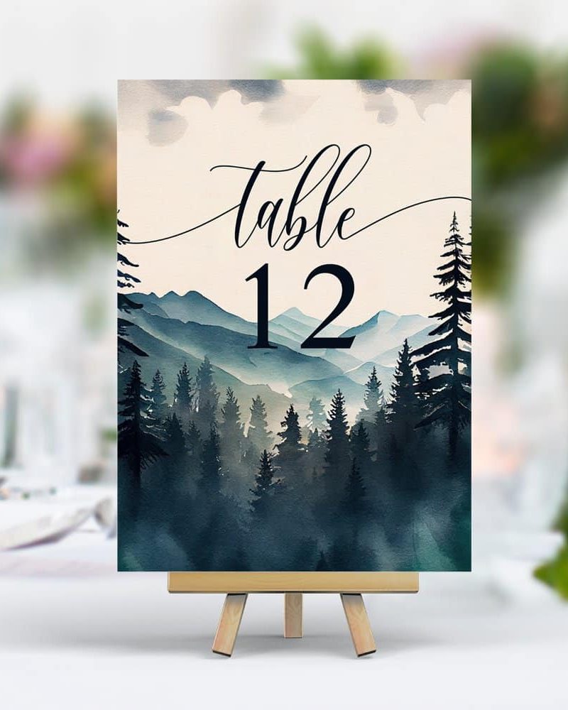 Watercolor Pine Tree Mountain Wedding Table Number
