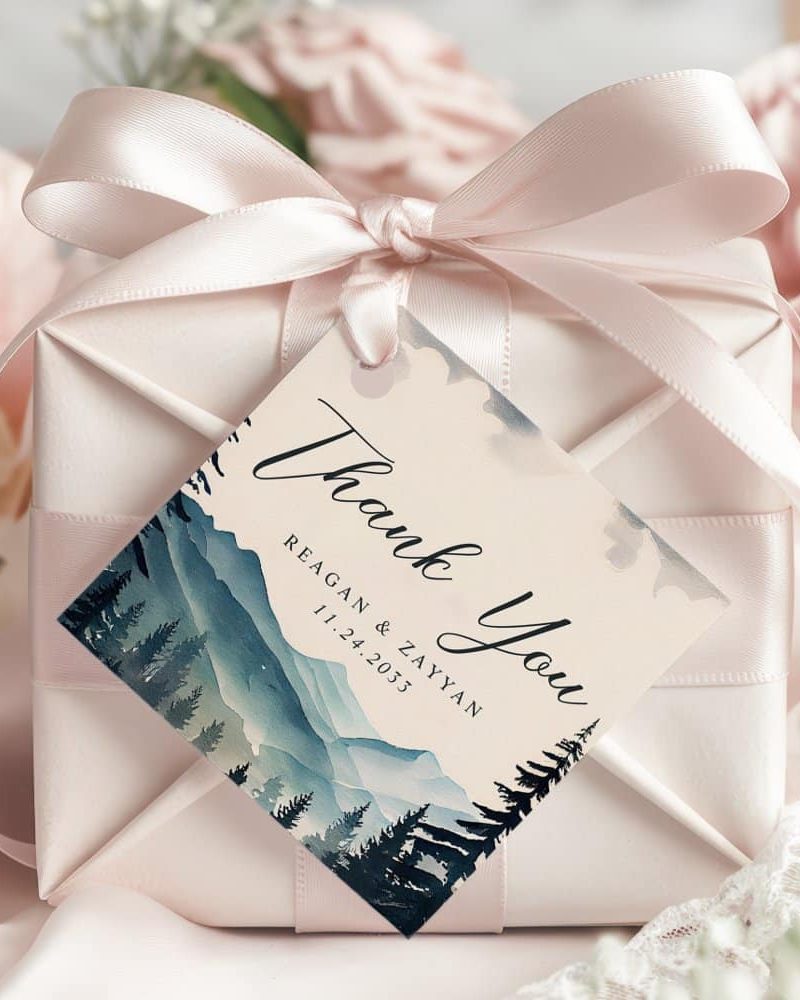 Watercolor Pine Tree Mountain Wedding Thank You Favor Tags