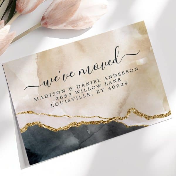 Change Of Address Announcement Card With Watercolor Design And Gold Accents. The Card Announces Madison &Amp; Daniel Anderson'S New Address.