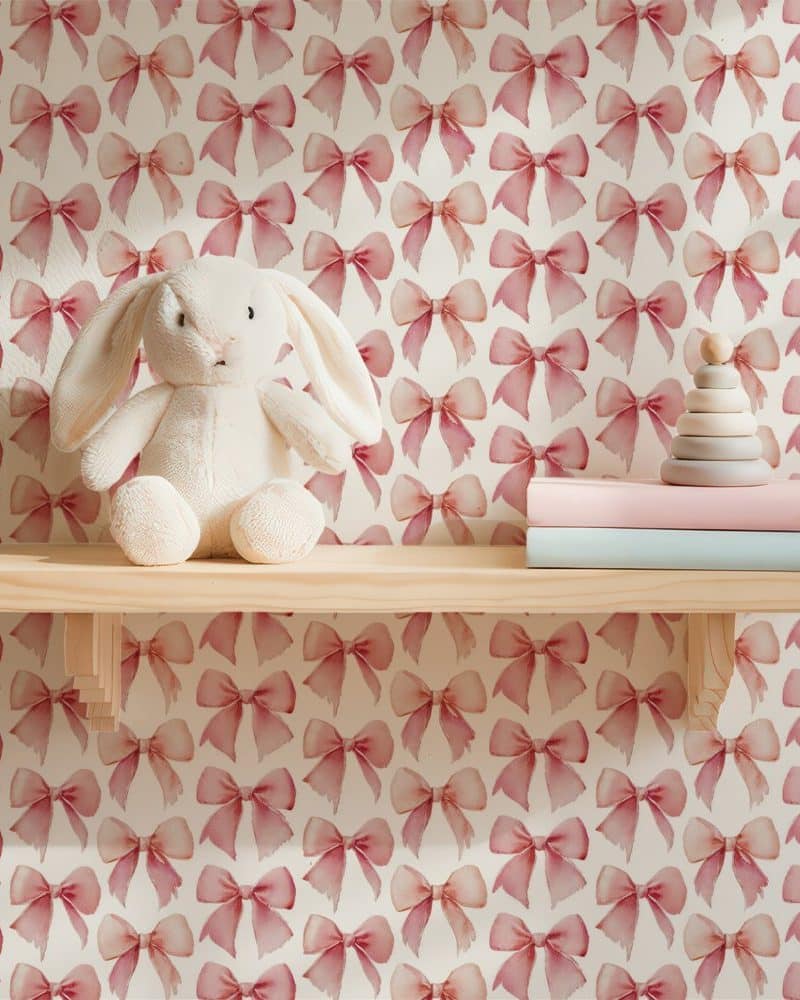 A white bunny rabbit sits on a shelf against a pink bow wallpaper.