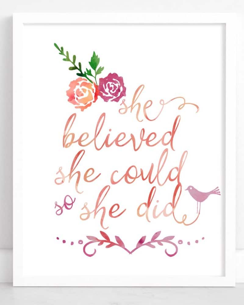 Framed watercolor print with the inspirational quote She believed she could so she did, adorned with flowers and a bird.