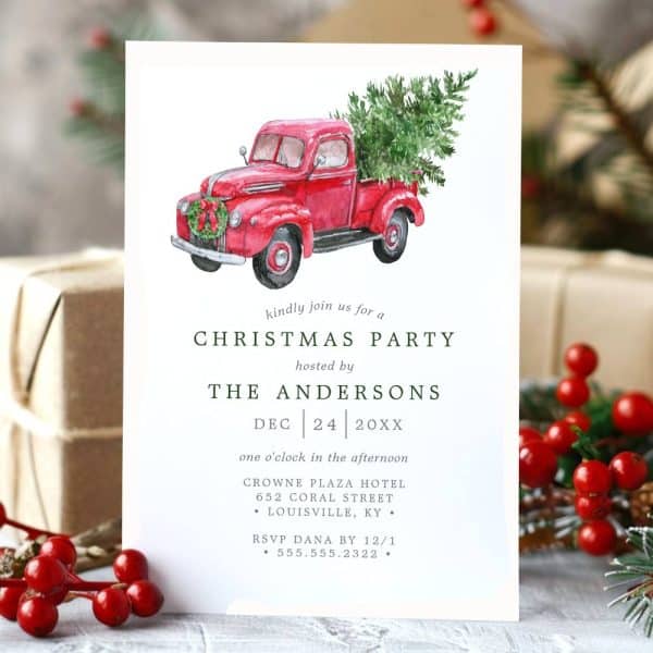 Christmas Party Invitation Featuring A Red Vintage Truck Carrying A Christmas Tree.