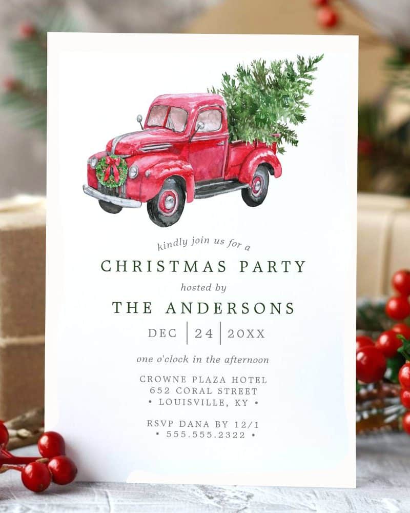 Christmas party invitation featuring a red vintage truck carrying a Christmas tree.