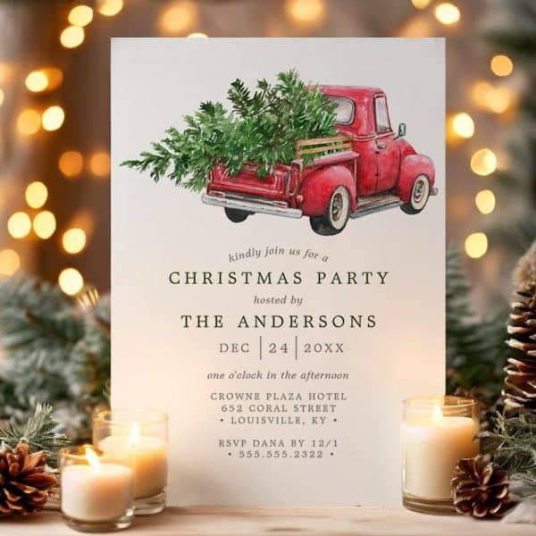 Christmas Party Invitation Featuring A Red Vintage Truck Carrying A Christmas Tree.