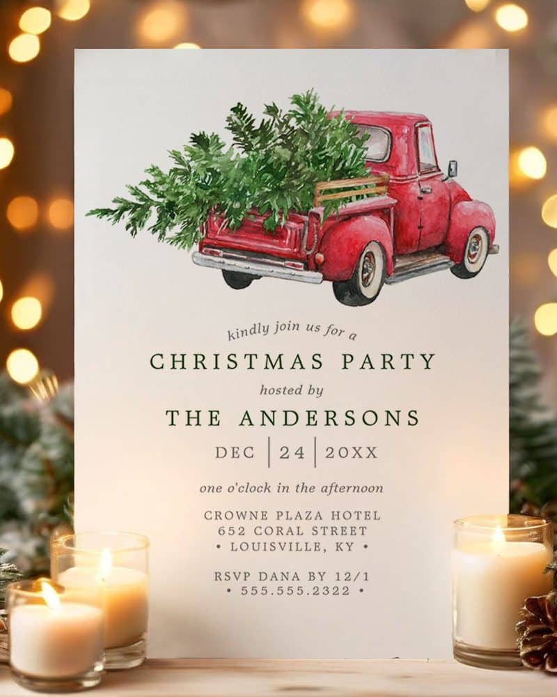 Christmas party invitation featuring a red vintage truck carrying a Christmas tree.