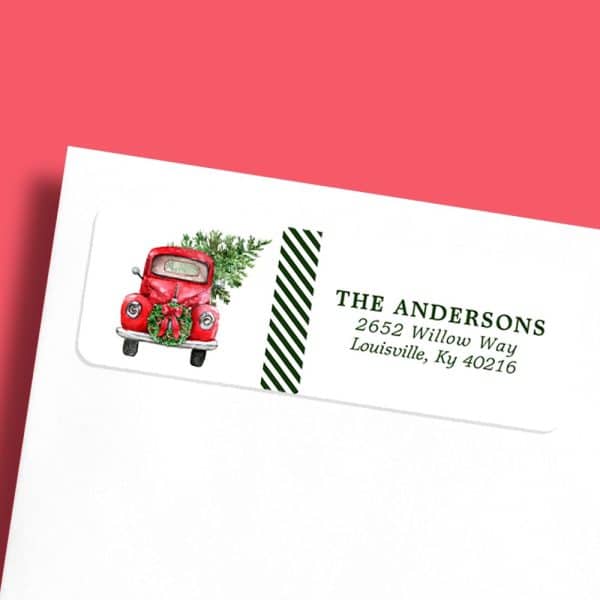 Return Address Label Featuring A Red Vintage Truck Carrying A Christmas Tree.