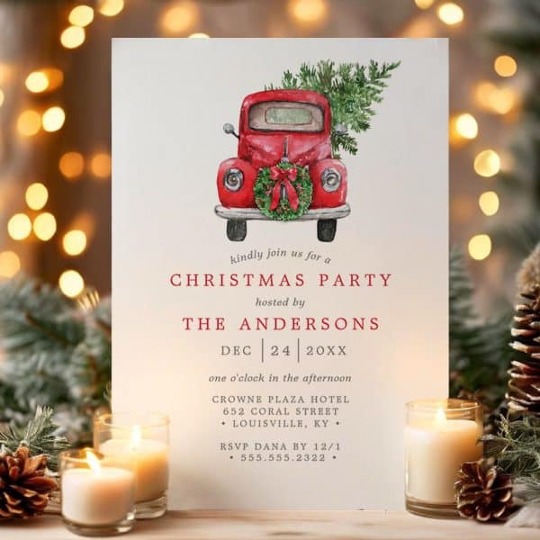 Christmas Party Invitation Featuring A Red Truck Carrying A Christmas Tree And Wreath.