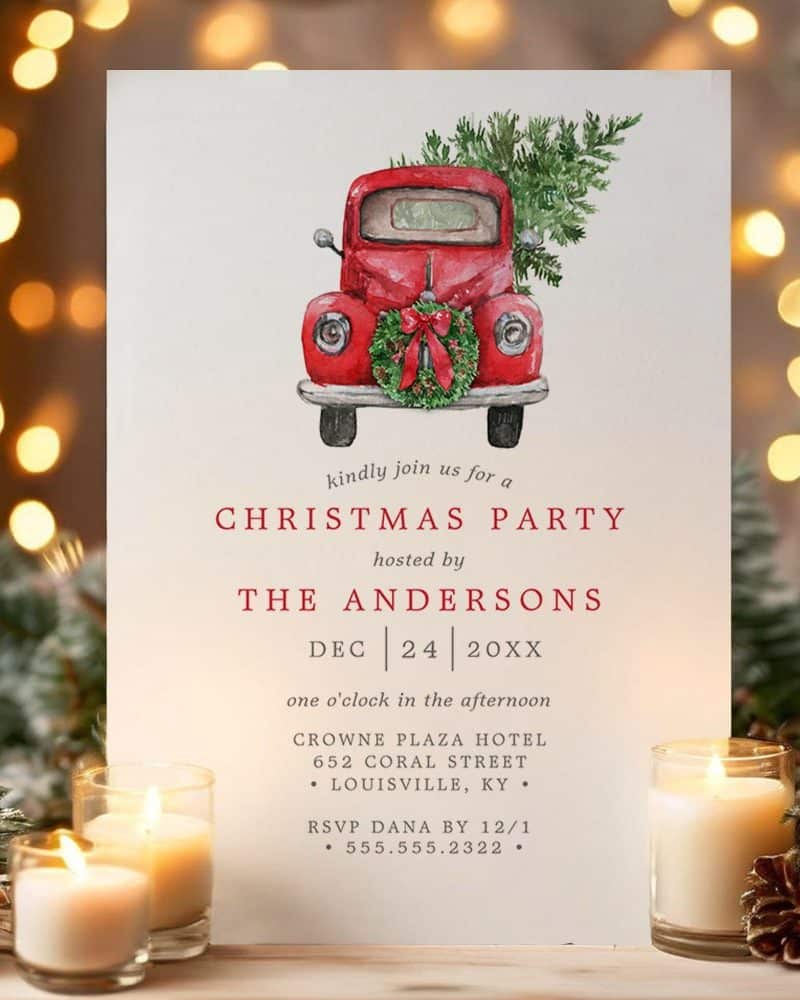 Christmas party invitation featuring a red truck carrying a Christmas tree and wreath.