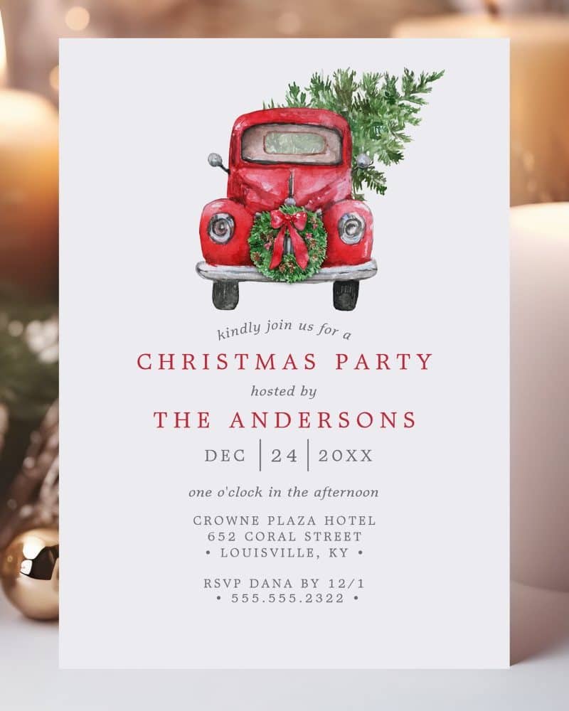 Christmas party invitation featuring a watercolor painting of a red truck carrying a Christmas tree.