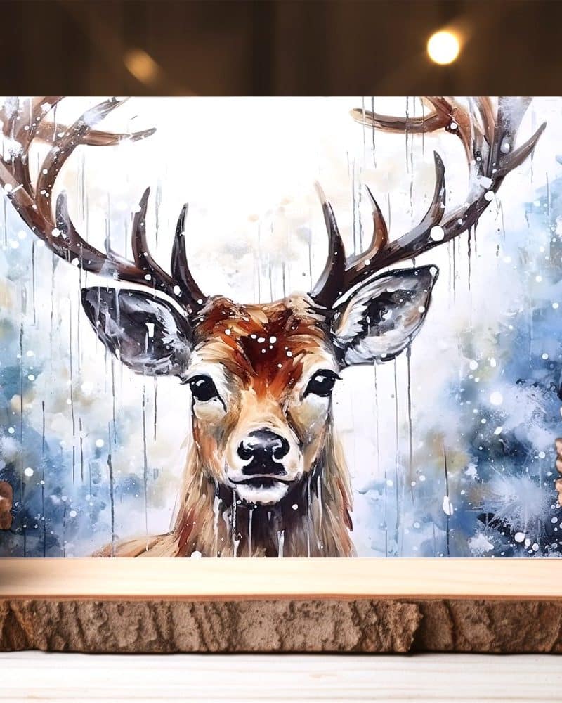 Painting of a deer in a winter scene.