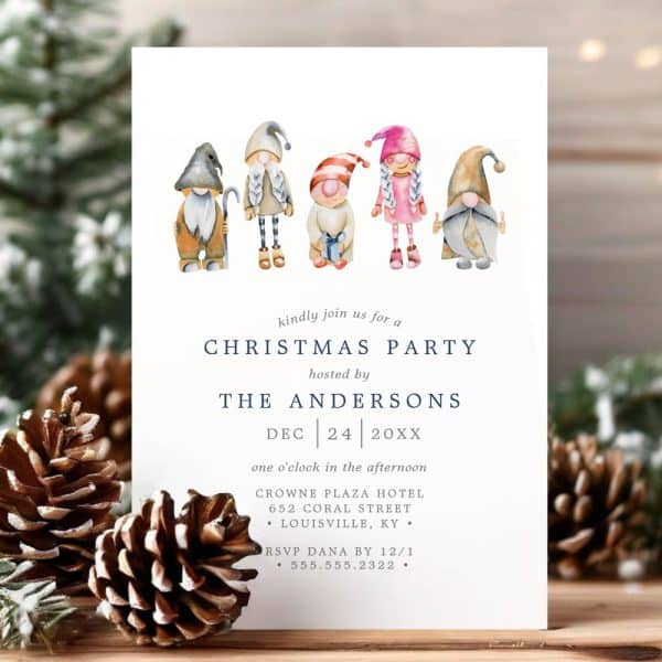 Christmas Party Invitation With Watercolor Gnomes.