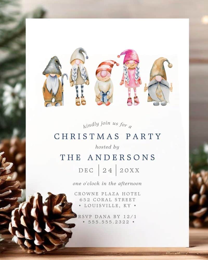 Christmas party invitation with watercolor gnomes.