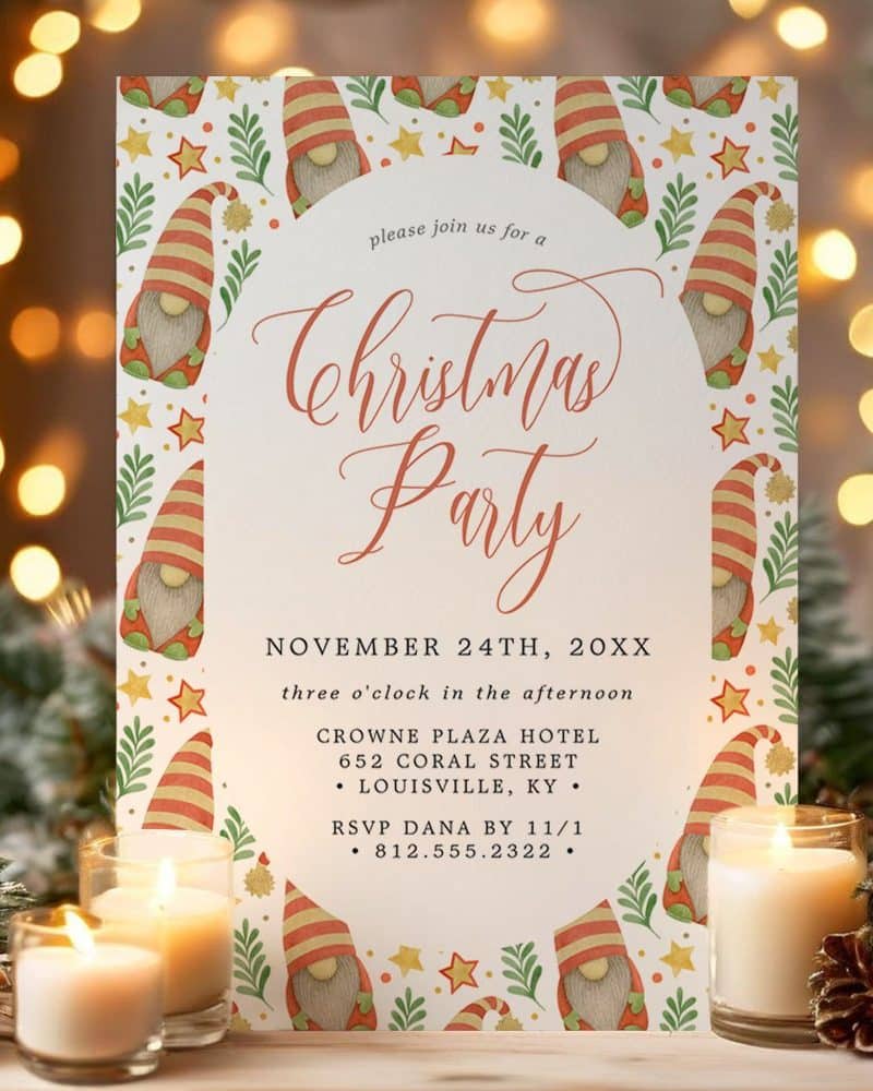 Christmas party invitation featuring gnomes; includes date, time, location, and RSVP information.