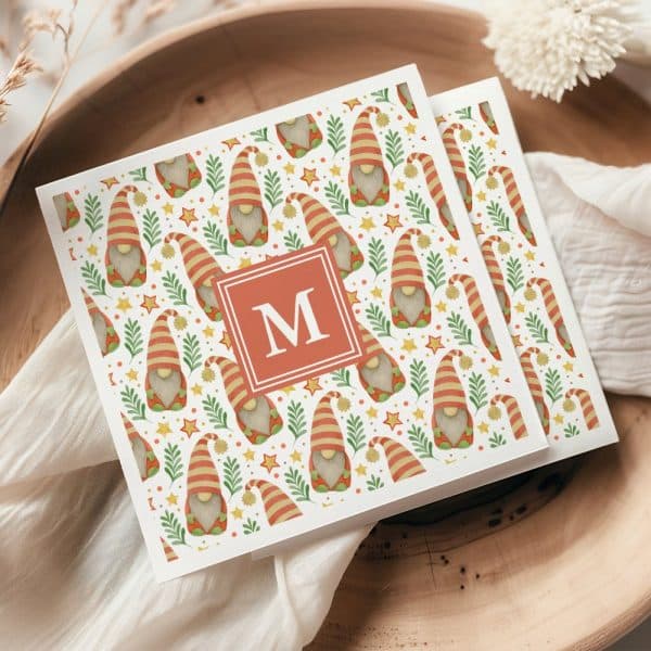 Two Cards With A Repeating Pattern Of Gnomes, Stars, And Greenery; A Monogram Is Centered On The Top Card.