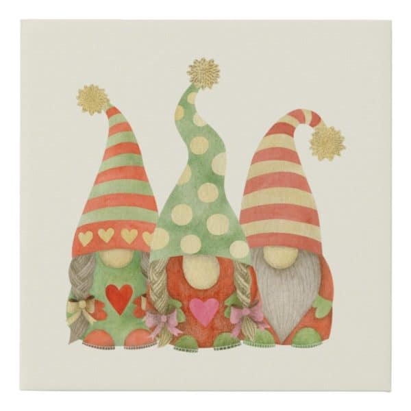 Three Gnomes With Colorful Pointed Hats And Hearts On Their Shirts.