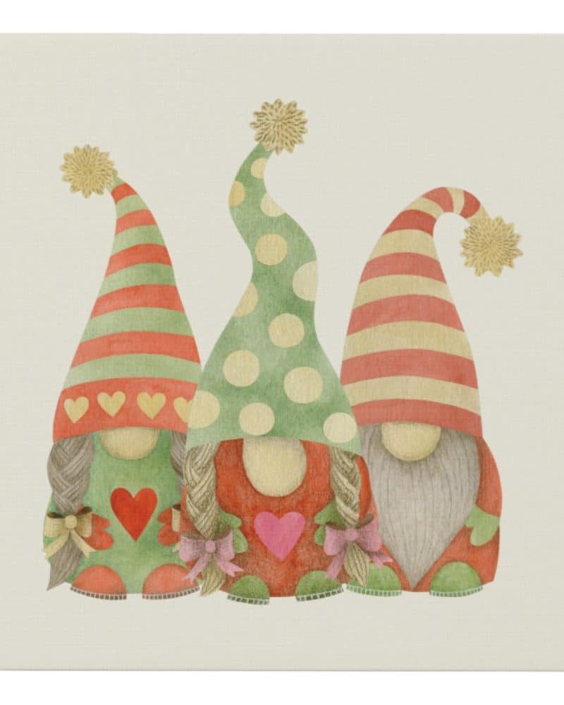 Three gnomes with colorful pointed hats and hearts on their shirts.