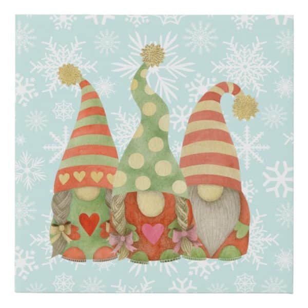 Three Gnomes With Colorful Pointed Hats Against A Snowflake Background.