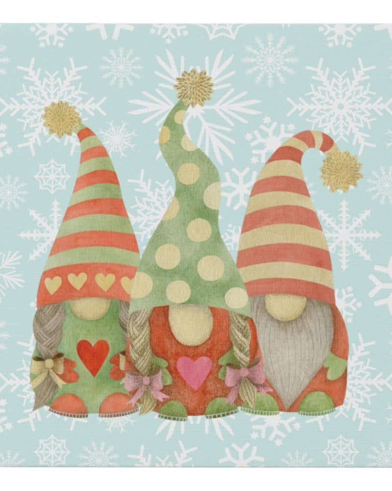 Three gnomes with colorful pointed hats against a snowflake background.