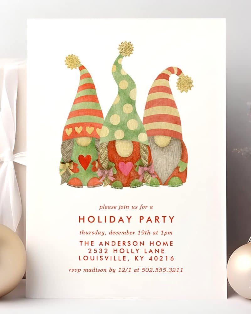 Holiday party invitation featuring three gnomes wearing colorful hats.