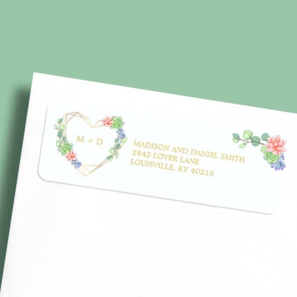 Wedding Return Address Label With A Geometric Gold Heart Framed By Succulents And Eucalyptus.