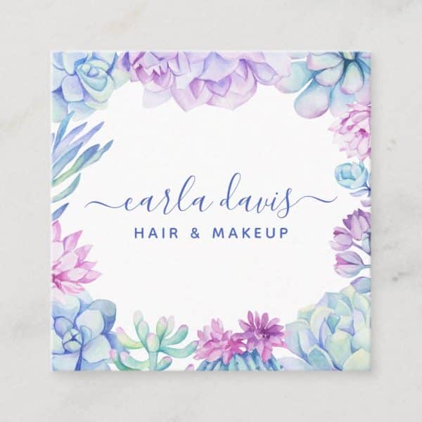 Square Business Card With Watercolor Succulents Forming A Frame Around The Name Carla Davis Hair &Amp; Makeup.