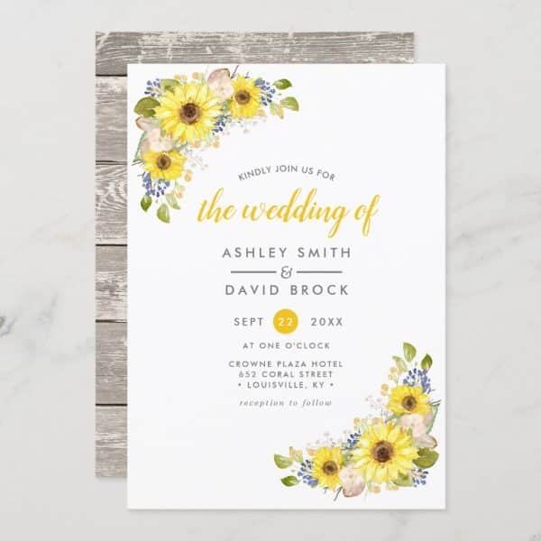 Wedding Invitation With Sunflowers And Other Flowers In Watercolor Style.