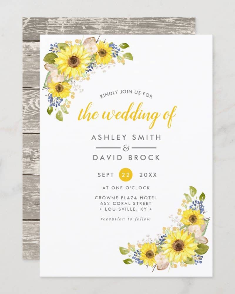 Wedding invitation with sunflowers and other flowers in watercolor style.