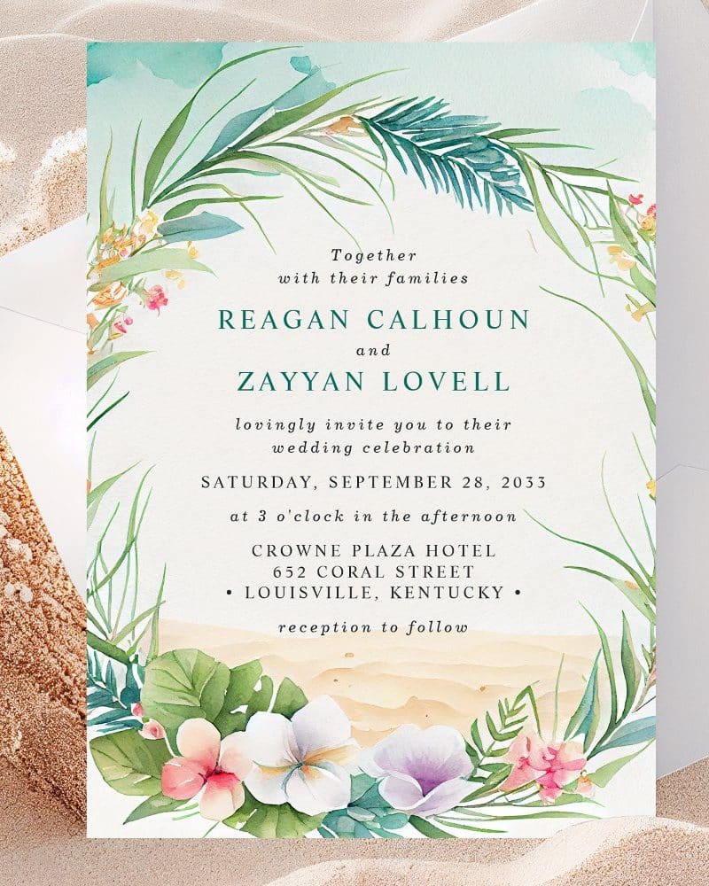 Wedding invitation for Reagan Calhoun and Zayyan Lovell, featuring tropical floral details.
