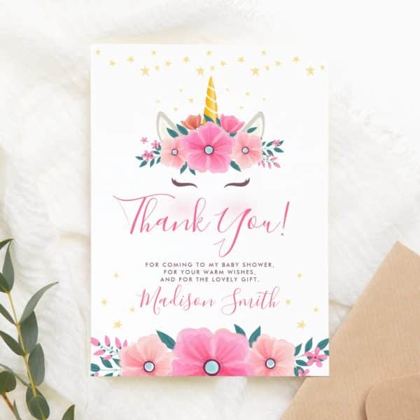 Baby Shower Thank You Card Featuring A Floral Unicorn Design.