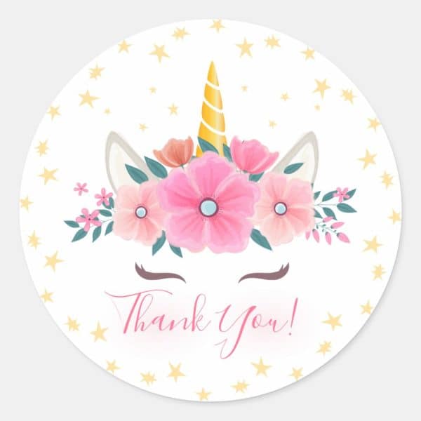 Floral Unicorn Head With Gold Horn And The Words Thank You.