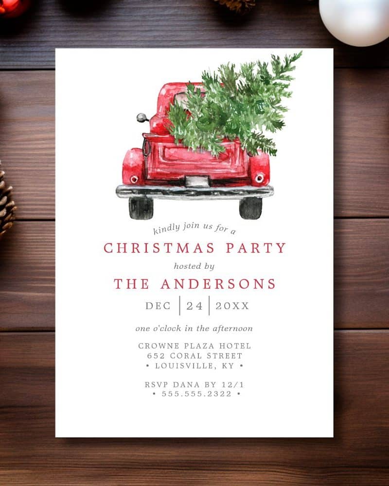 Christmas party invitation featuring a red truck carrying a Christmas tree.