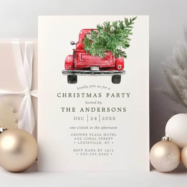 Christmas Party Invitation Featuring A Red Truck Carrying A Christmas Tree.