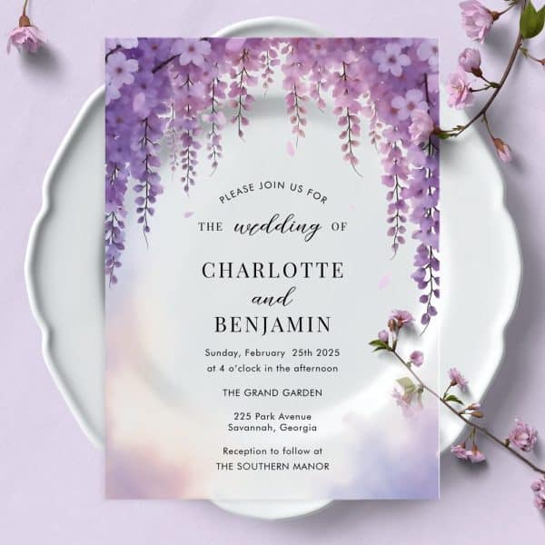 Wedding Invitation With Purple Wisteria Flowers; Charlotte And Benjamin'S Wedding Details Are Listed.