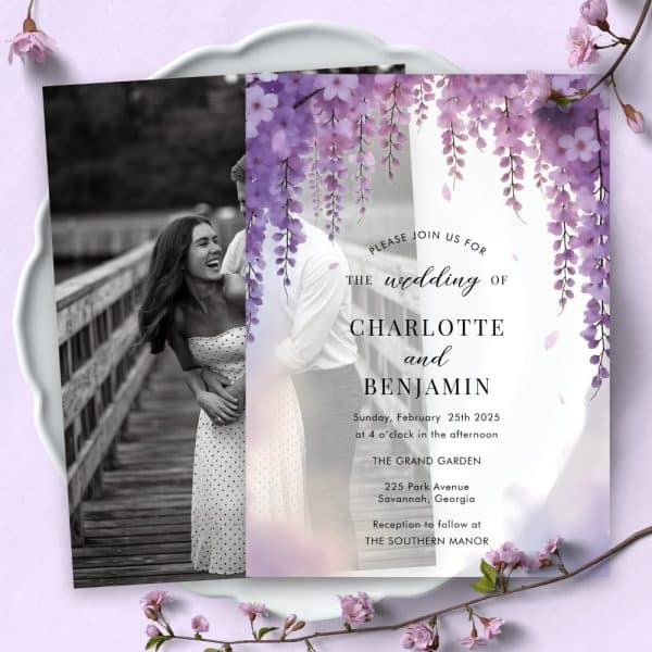 Wedding Invitation With A Black And White Photo Of A Laughing Couple And A Purple Floral Border.