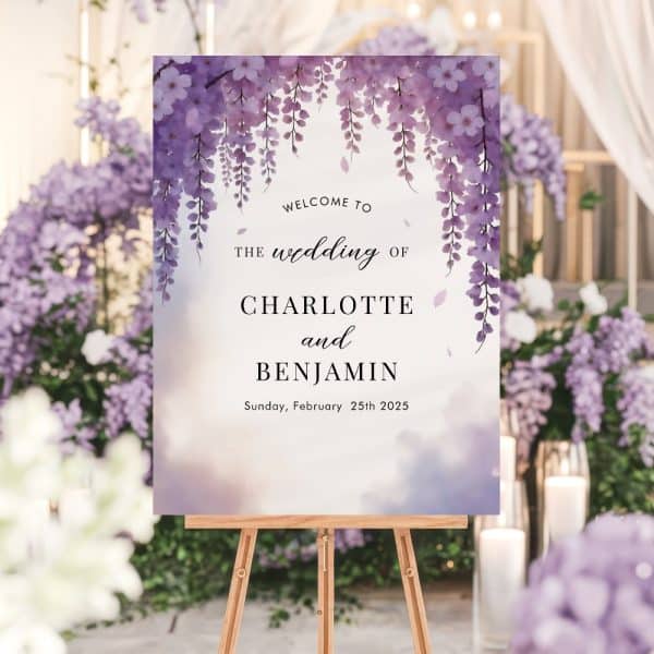 Wedding Welcome Sign With Purple Wisteria Flowers, Announcing Charlotte And Benjamin'S Wedding On February 25Th, 2025.