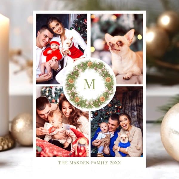 Christmas Family Photo Collage Featuring The Madsen Family And Their Two Dogs, With A Central Monogram.