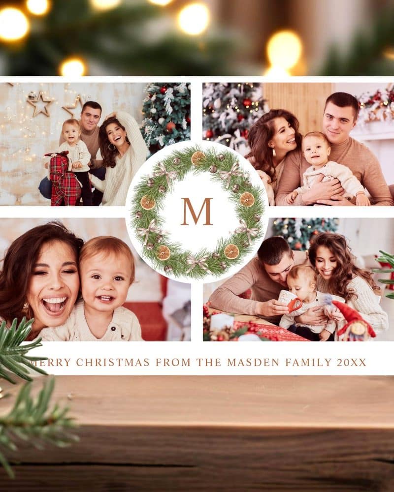 Christmas card collage featuring a family with young children. A central wreath with the initial M.