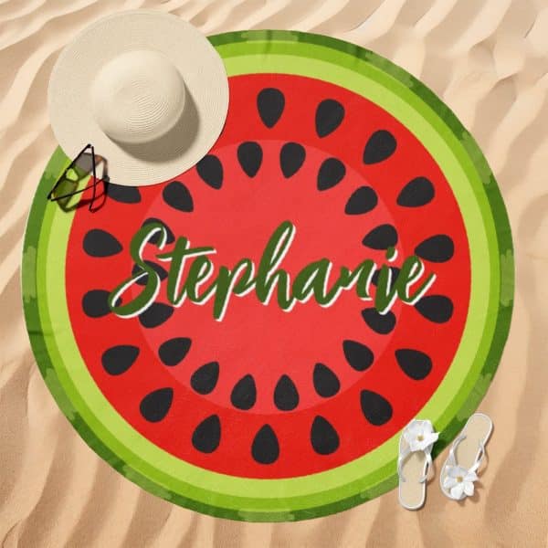 Round Watermelon-Themed Beach Towel With The Name Stephanie On It.