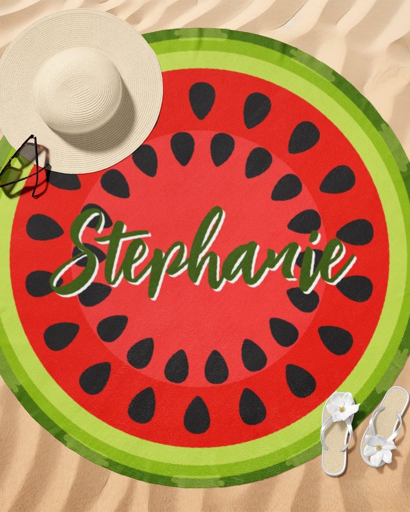 Round watermelon-themed beach towel with the name Stephanie on it.