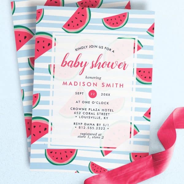 Baby Shower Invitation For Madison Smith, Featuring A Watermelon Pattern.