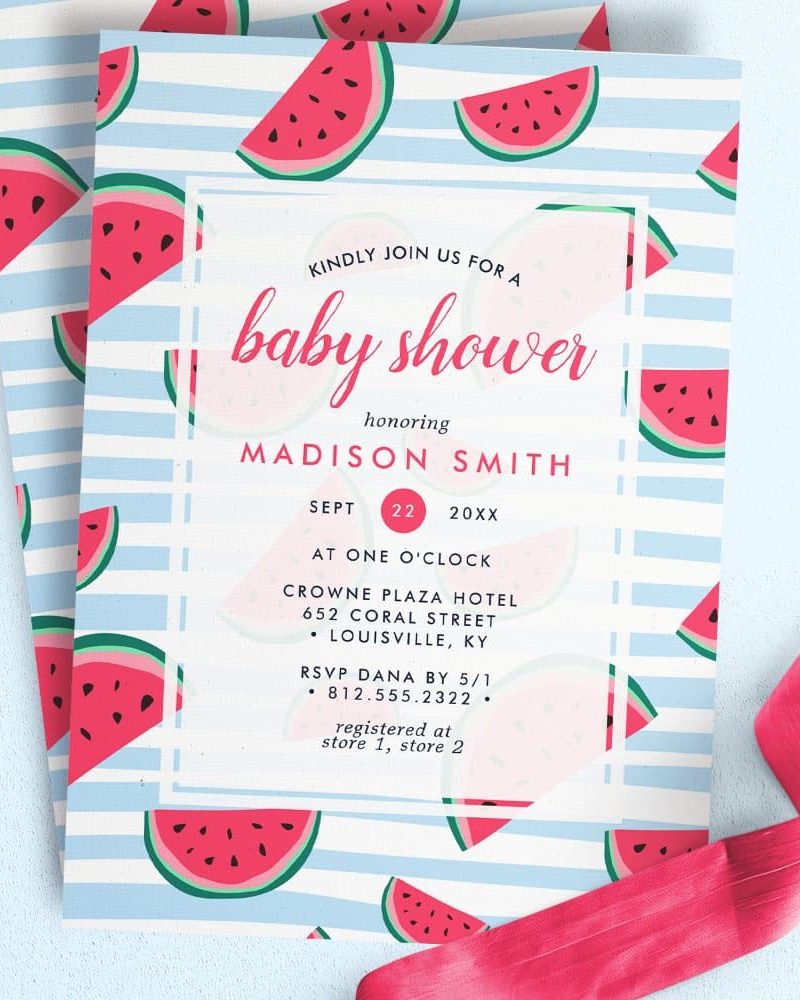 Baby shower invitation for Madison Smith, featuring a watermelon pattern.