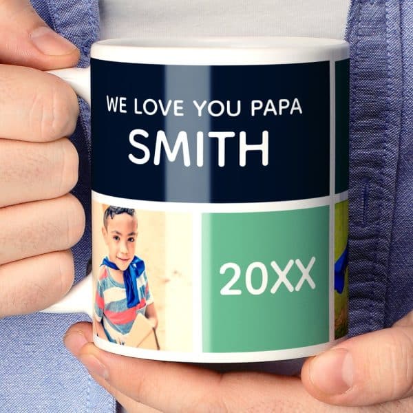 Personalized Mug With Photos And The Message We Love You Papa Smith.