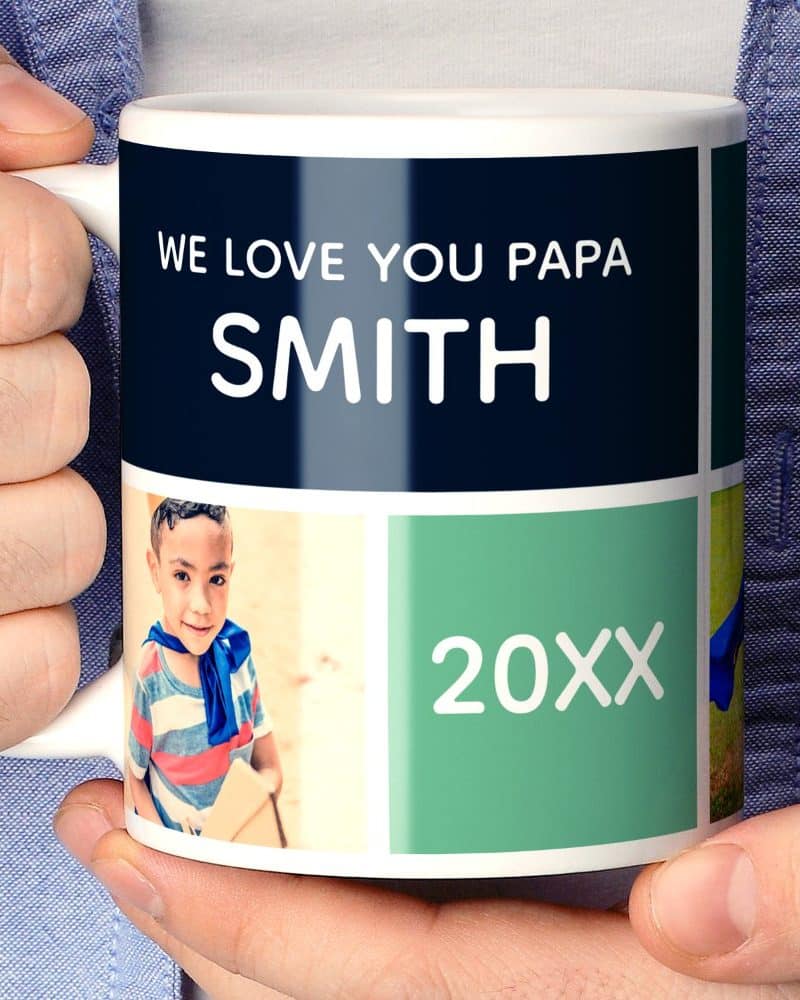 Personalized mug with photos and the message We Love You Papa Smith.