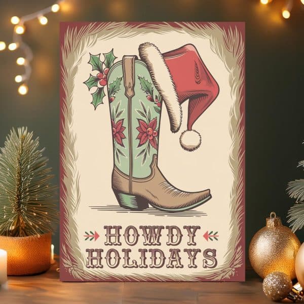Christmas Illustration Of A Cowboy Boot Decorated With Holly And Poinsettias, Topped With A Santa Hat. The Words Howdy Holidays Are Displayed Below.
