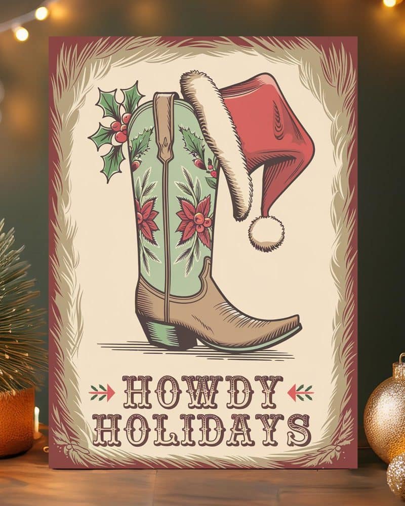Christmas illustration of a cowboy boot decorated with holly and poinsettias, topped with a Santa hat. The words Howdy Holidays are displayed below.