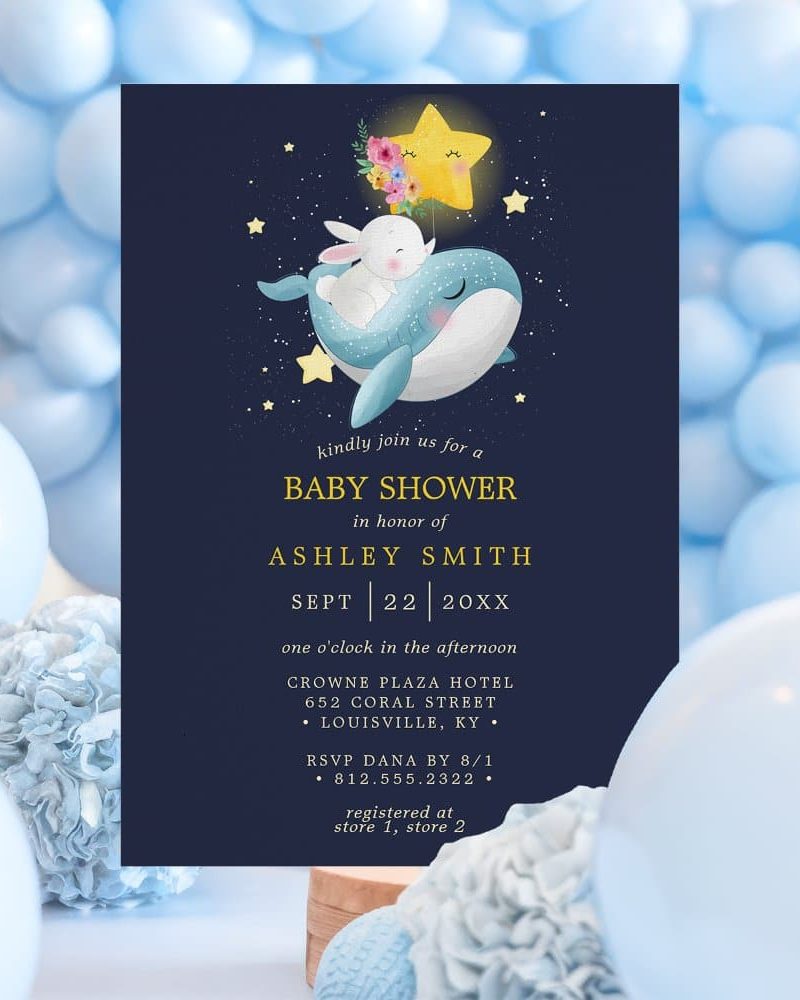 Baby shower invitation featuring a whale and bunny with a star.